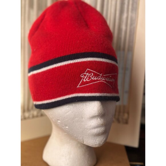 Budweiser beer bow tie Red Knit Beanie Hat White Embroidered Logo Stripes - Picture 2 of 4